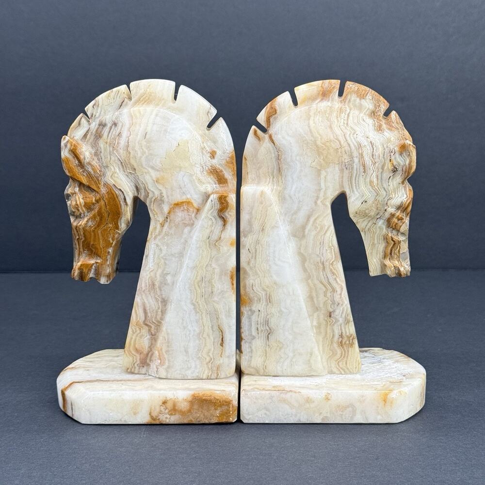 Onyx Stone Marble Hand Carved Chess Horse Head Bookends 7.5" Set of 2